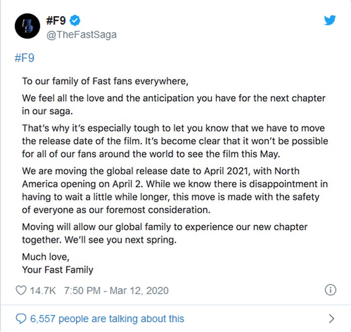 فیلم سریع و خشن 9 با تاخیر در اکران جهانی روبهرو شد