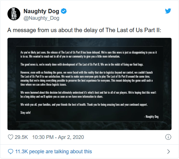 توئیت استودیو Naughty Dog درباره تاخیر در انتشار بازی The Last of Us 2