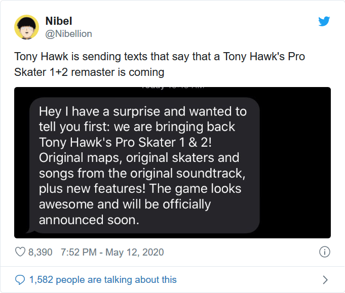 توئیت رونمایی از بازی Tony Hawk Pro Skater 1 + 2 remastered 