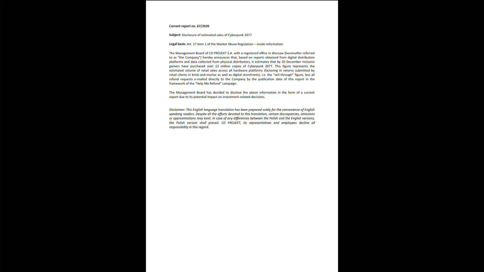 گزارش مدیریت CD Projekt Red از فروش بازی سایبرپانک 2077 در 20 دسامبر